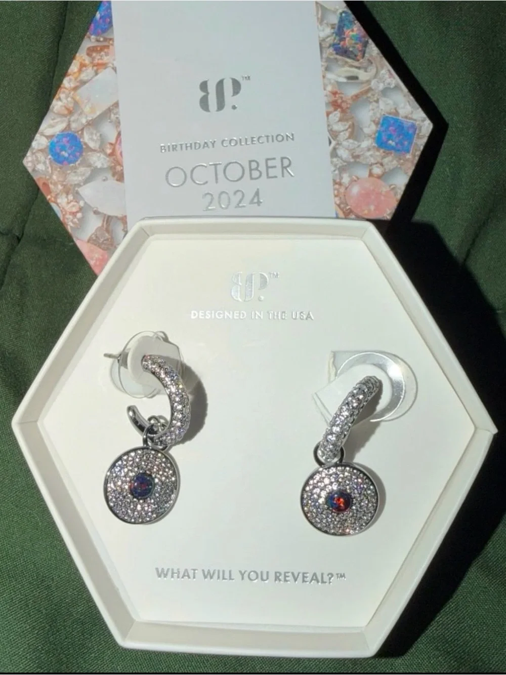 Bomb Party October 2024 Birthday Earrings on Rhodium